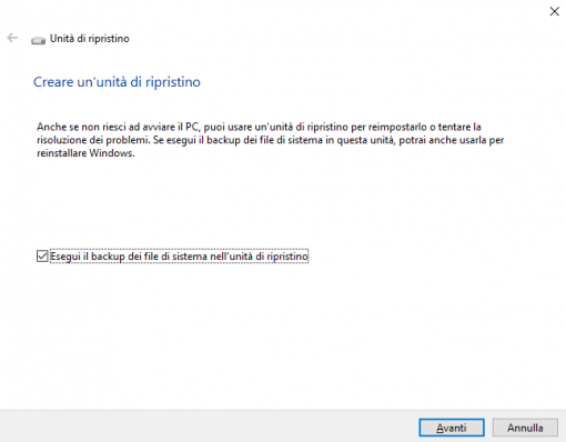 Windows 10 crea unità di ripristino