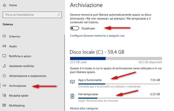 spazio occupato impostazioni windows 10 archiviazione