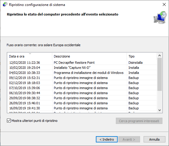 ripristino configurazione di sistema