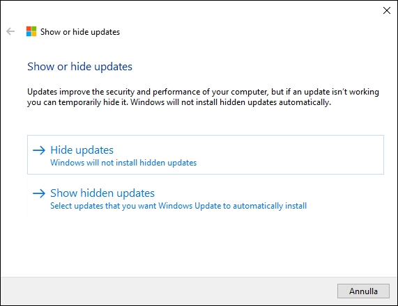 Nascondere un aggiornamento di Windows update 54
